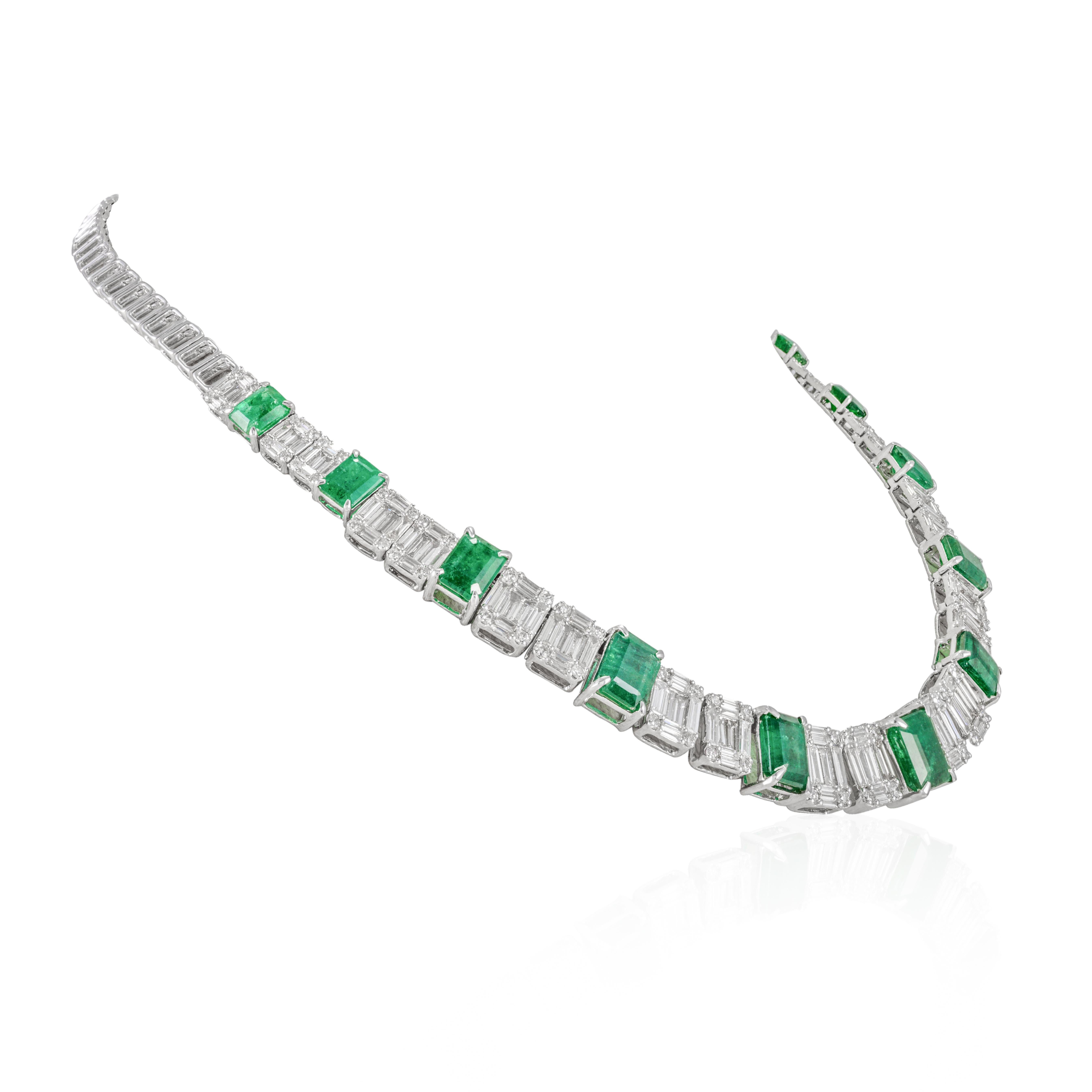 Vivid Green Emerald and Diamond Halo Tennis Necklace in 18K Gold studded with octagon cut emeralds and cluster of diamonds. This stunning piece of jewelry instantly elevates a casual look or dressy outfit. 
Emerald enhances intellectual capacity of