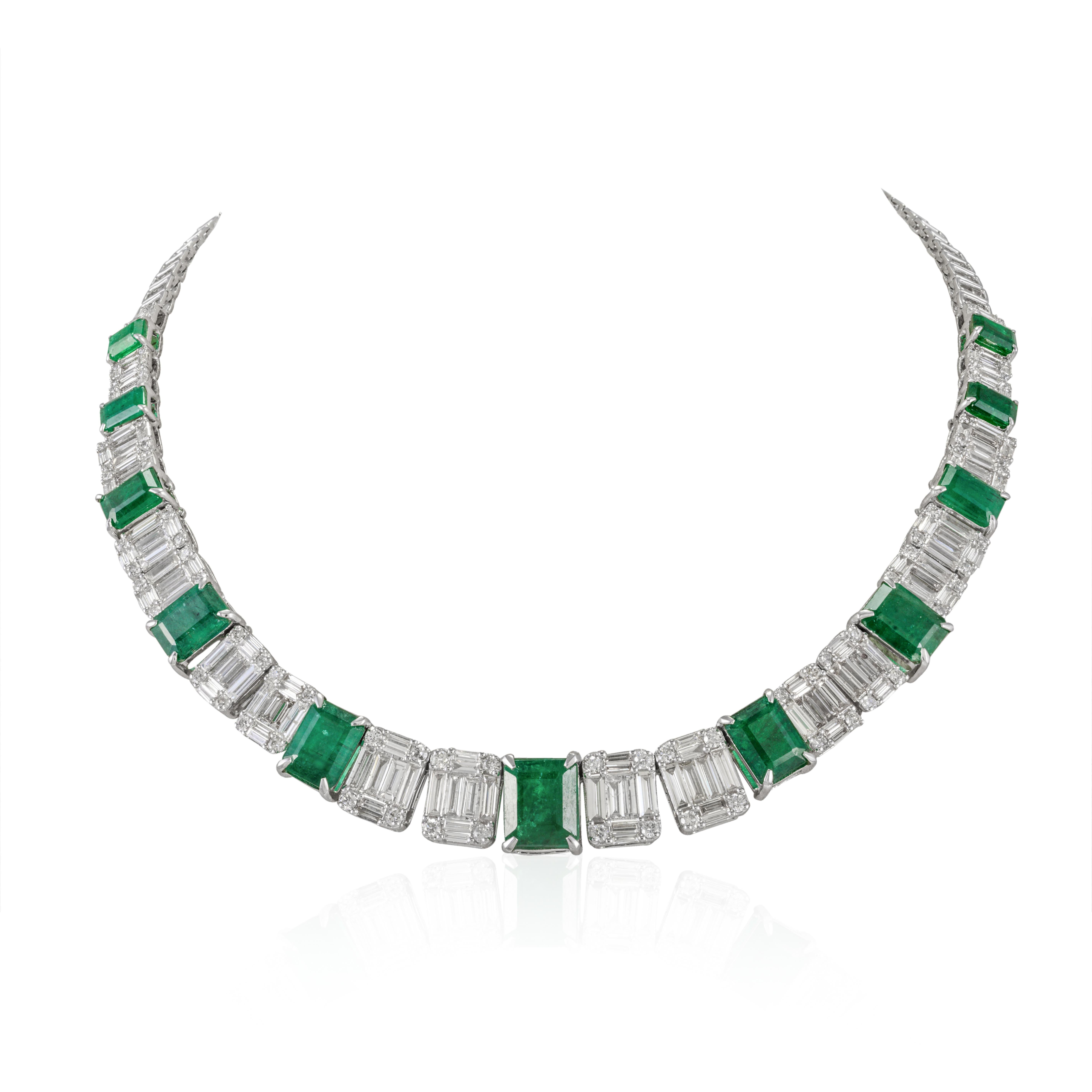 Octagon Cut 19.11 CTW Vivid Emerald and 8.82 CTW Diamond Tennis Necklace 18k White Gold For Sale