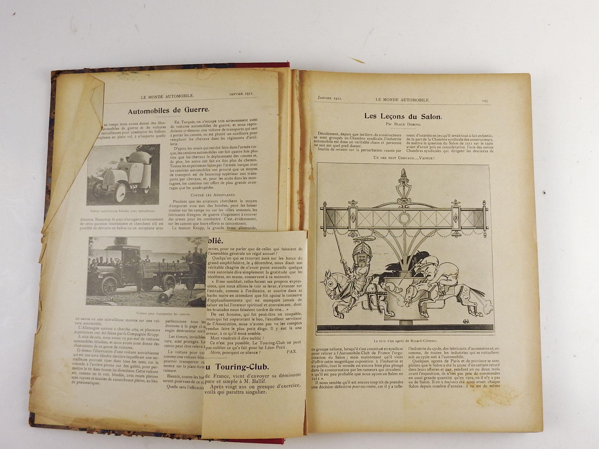 Rare full year 1911 bound volumes of Le Monde Automobile magazines.  French language magazine published for automobile, bicycle and aviation enthusiasts.  Tons of advertising, illustrations, many varied articles on drivers, pilots, races,