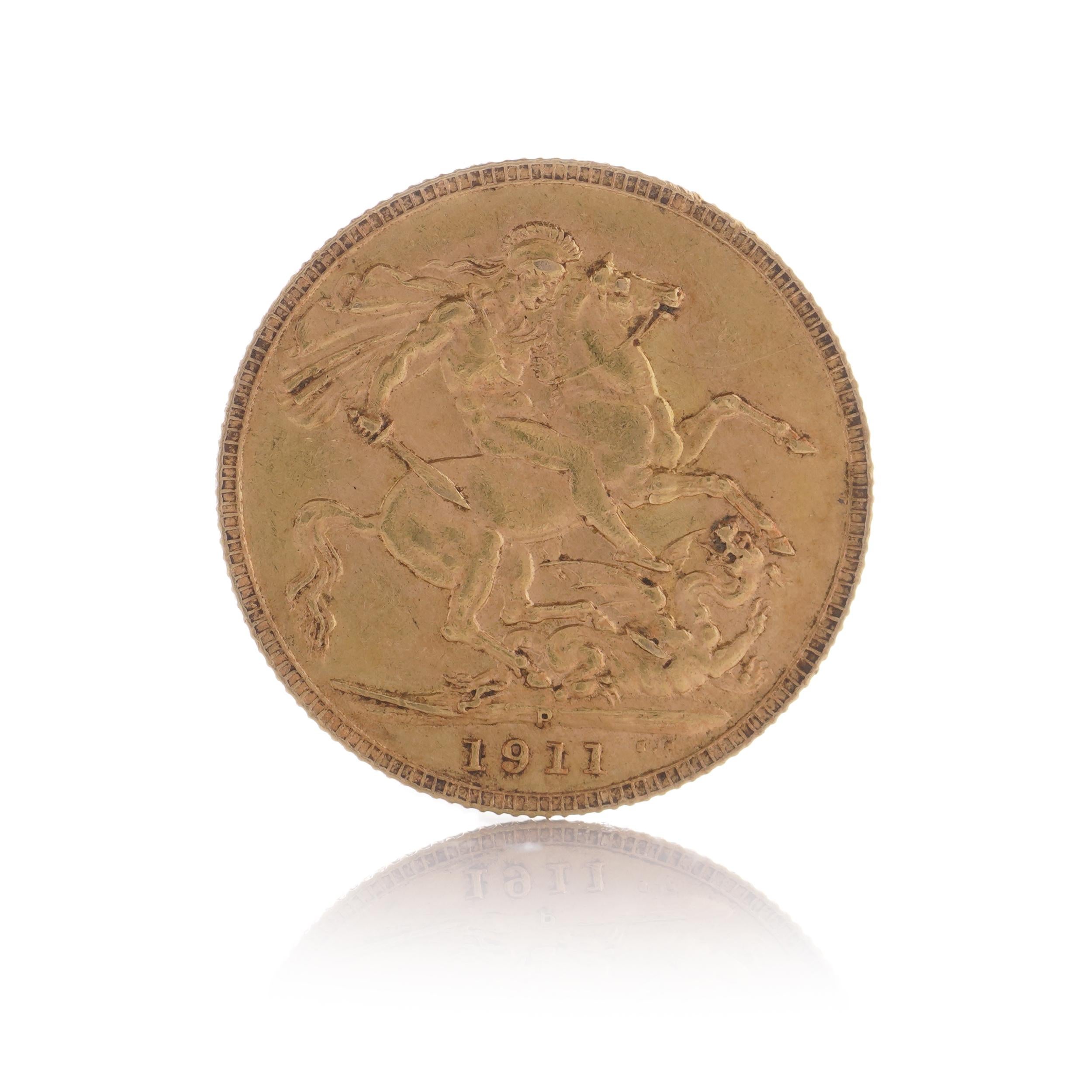 A 1911 gold Sovereign coin featuring King George V, and the classic George & Dragon design. This coin is provided in a plastic capsule. The lack of mintmark denotes that coin was produced at the London Mint.

Manufacturer: Royal Mint
Weight (grams):