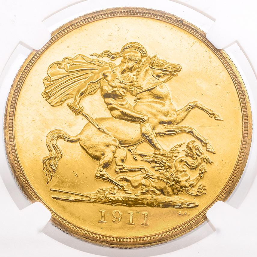 Femenino o masculino 1911 Gran Bretaña Jorge V Moneda de Oro de 5 Libras a Prueba  - Limpiado - NGC