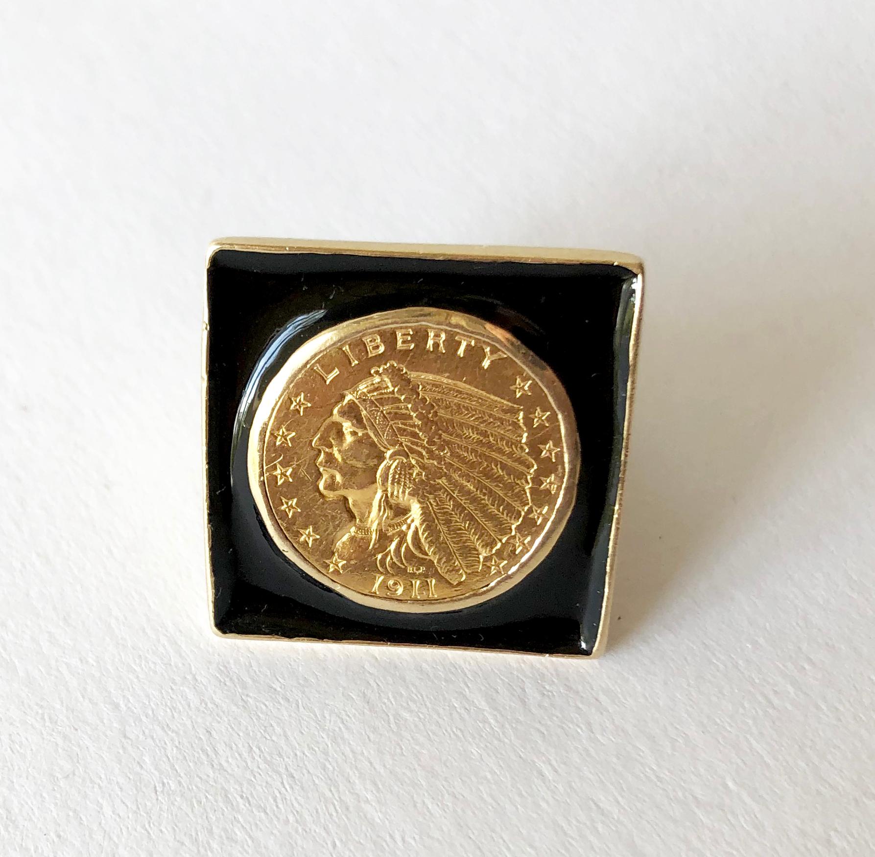 Large scale 1911 Indian head quarter eagle gold coin and enamel ring, circa 1960's.  Coin has 90% gold content, while the ring bezel and shank tests as 14K gold.  Ring is a finger size 8 to 8.5 and the face measures 1