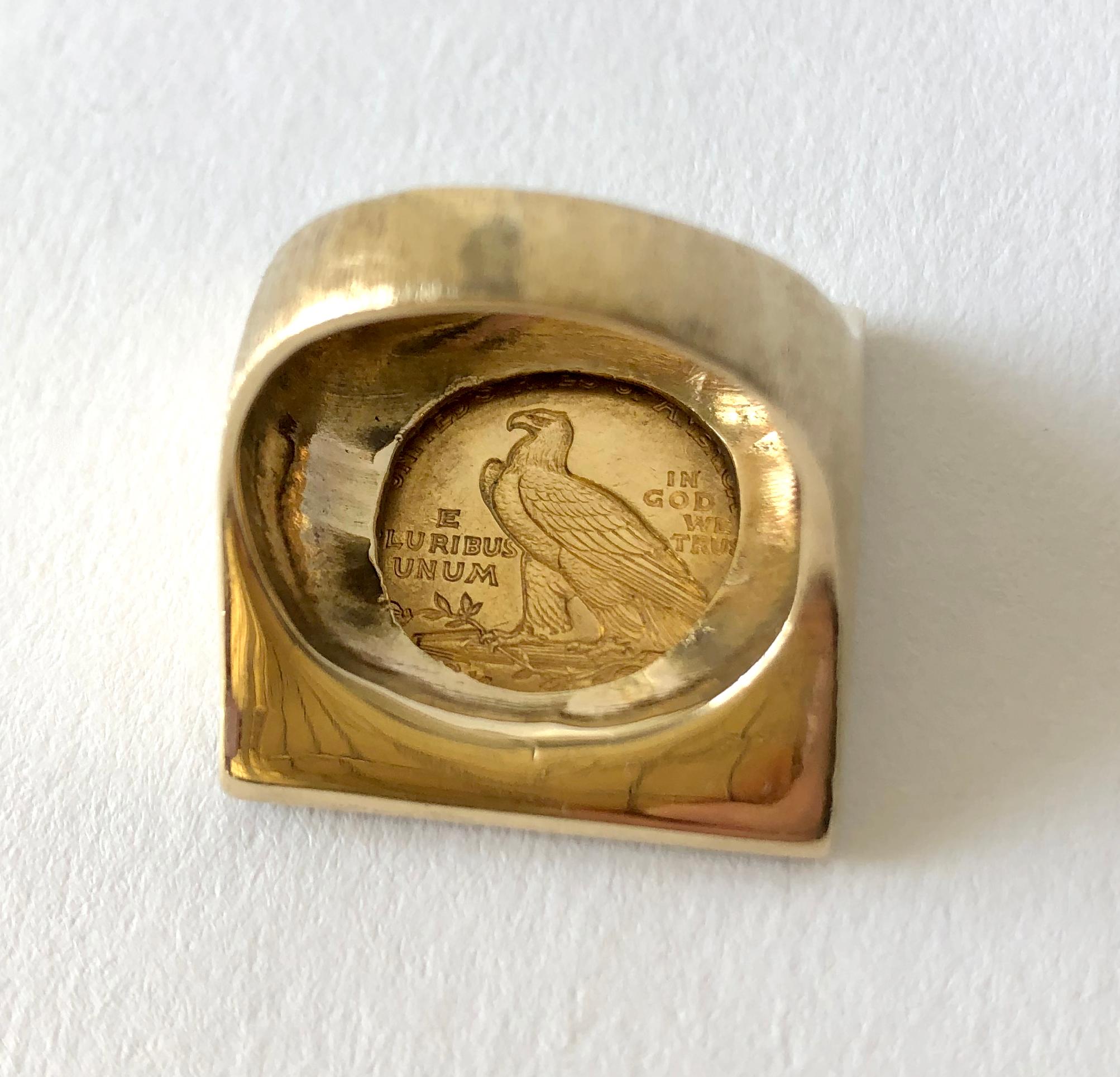 Modernist 1911 Indian Head Quarter Eagle Gold Coin Enamel Ring For Sale