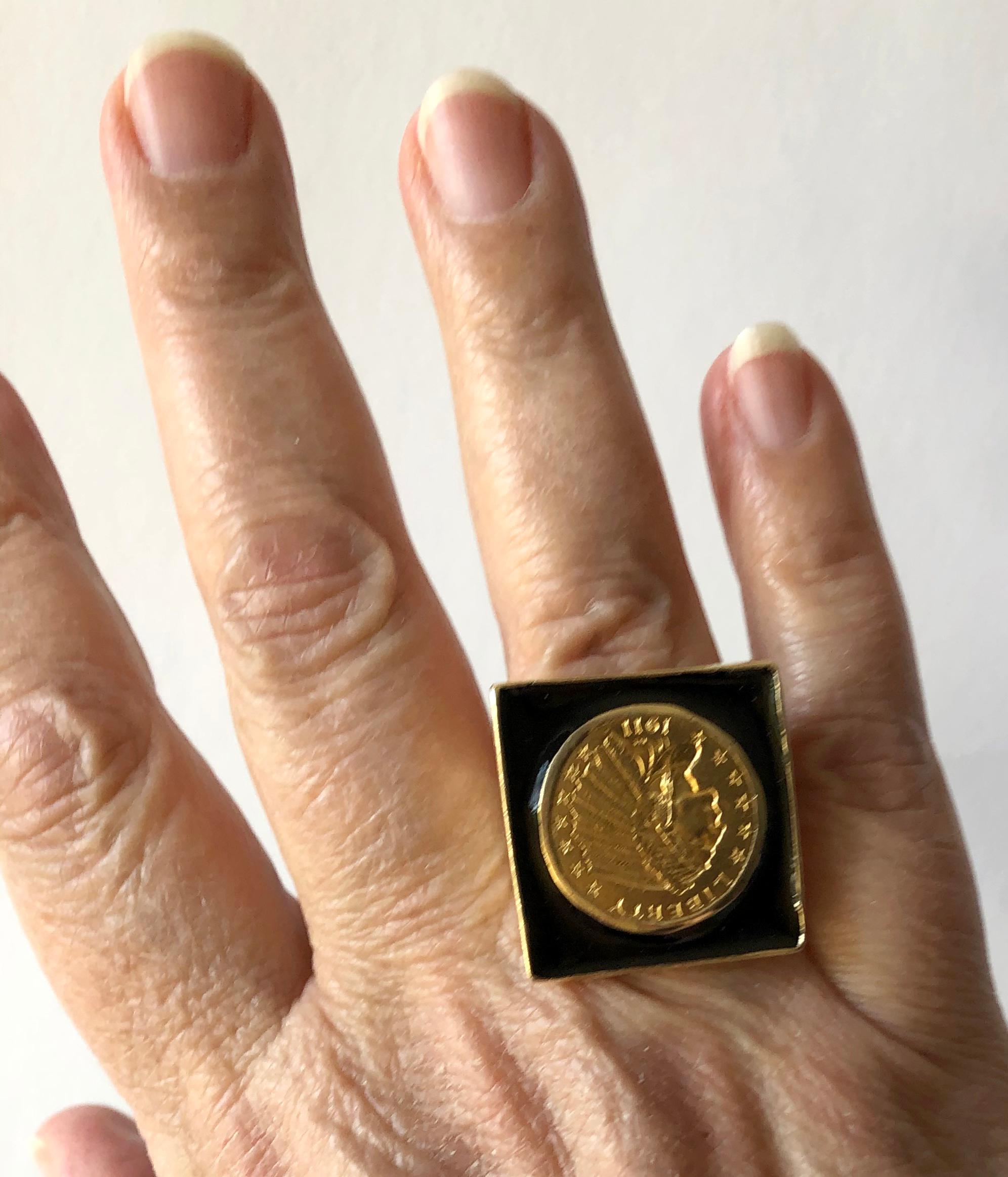 1911 Indian Head Quarter Eagle Gold Coin Enamel Ring In Good Condition For Sale In Palm Springs, CA