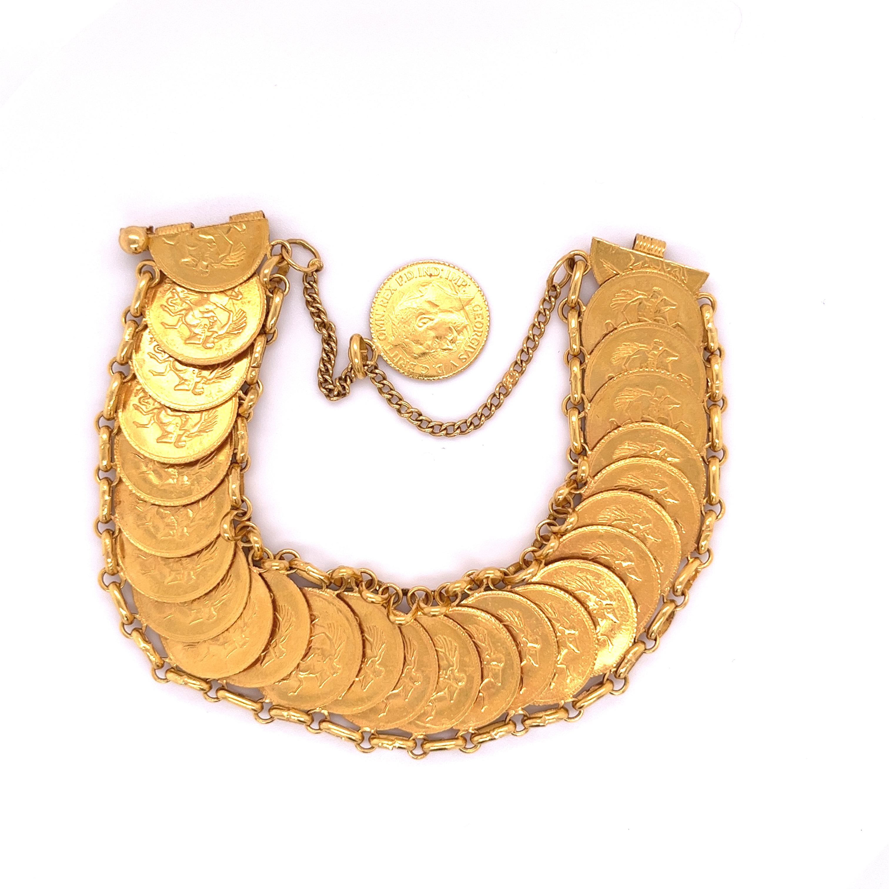 1911 King George V British Royal Mint Gold Coin Bracelet in 22k Gold Replica In Good Condition In Miami, FL