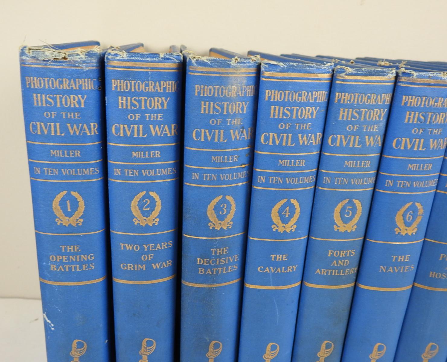 The Photographic History of the Civil War by Francis Trevelyan Miller.  Published by The Review of Reviews, 1911, New York.  Bright blue cloth binding with blind stamp flags, gilt title on spine and gilt top page edges.  Profusely illustrated with