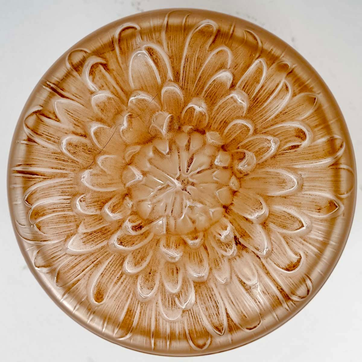 Art Deco 1911 René Lalique Box Chrysantheme Frosted Glass with Sepia Patina For Sale