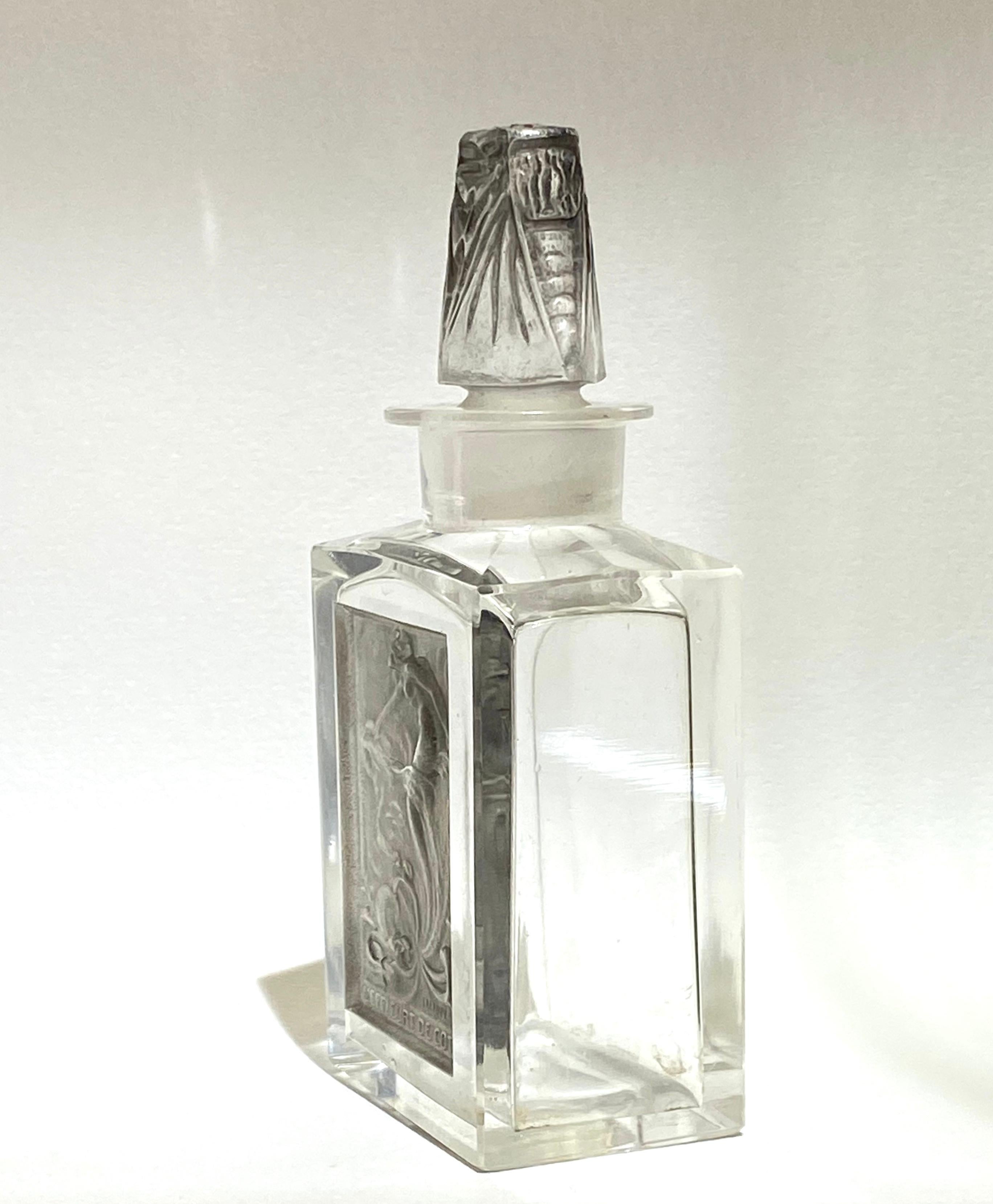 French 1911 Rene Lalique L'Effleurt for Coty Perfume Bottle Grey Stained Glass, Cicada