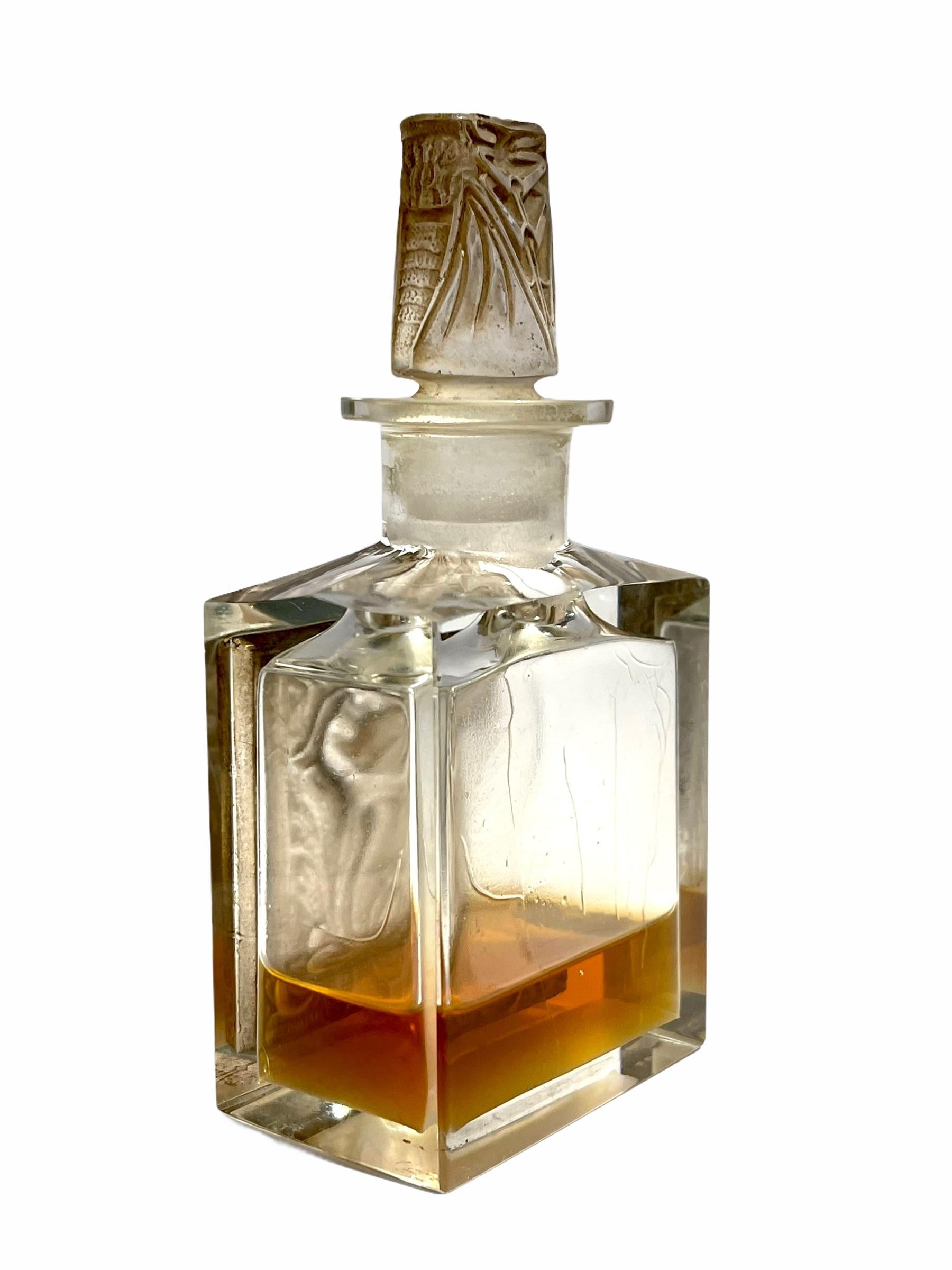 Art Deco 1911 Rene Lalique L'Effleurt for Coty Perfume Bottle Sepia Stained Glass, Cicada