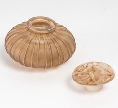 1911 René Lalique Perfume Bottle A Cotes Bouchon Papillons Glass Sepia Patina