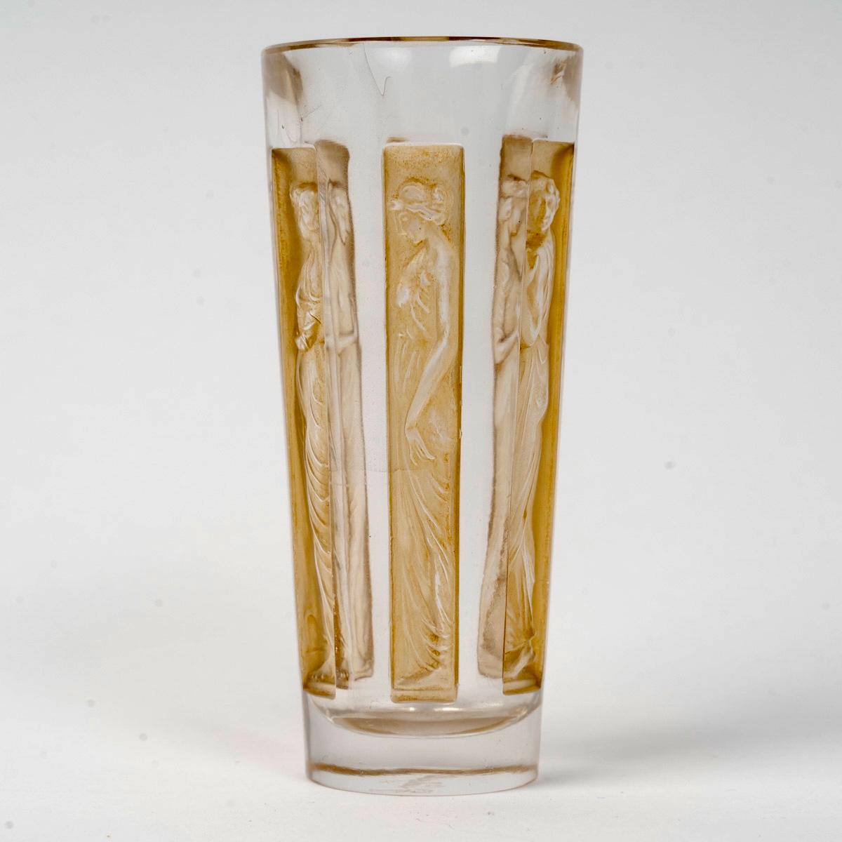 1911 René Lalique Set of 4 Six Figurines Glass Tumblers Glasses Sepia Patina For Sale 2