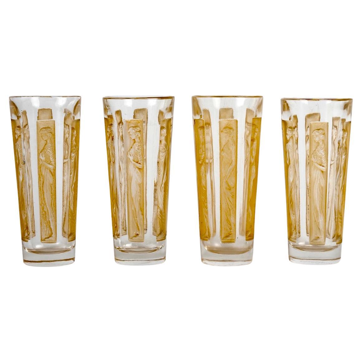 1911 René Lalique Set of 4 Six Figurines Glass Tumblers Glasses Sepia Patina For Sale