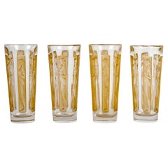 1911 René Lalique Set of 4 Six Figurines Glass Tumblers Glasses Sepia Patina