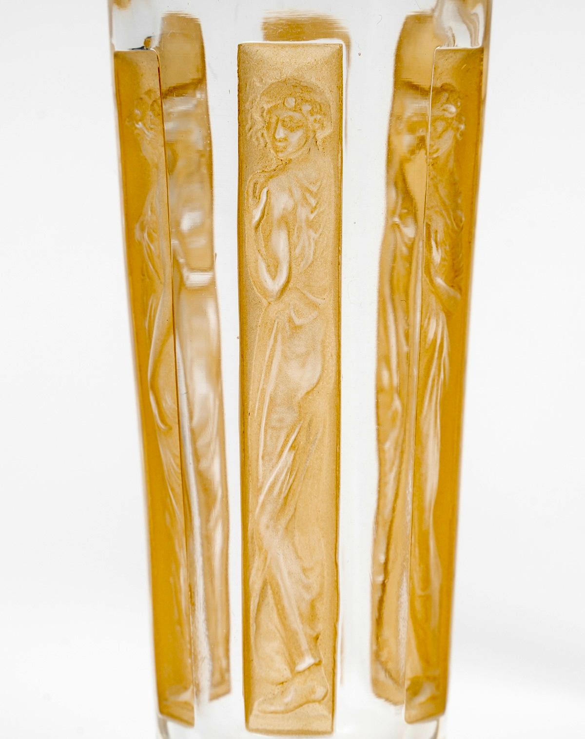 1911 René Lalique Juego de 6 vasos de cristal con seis figuras Pátina sepia Art Decó en venta