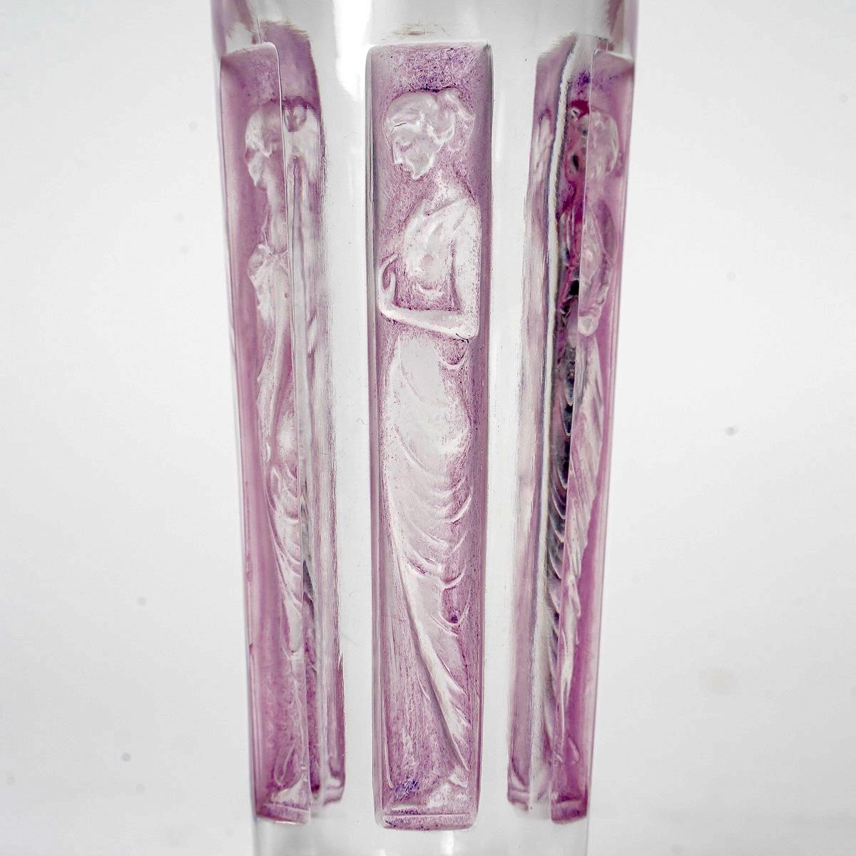French 1911 René Lalique Six Figurines Glass Tumbler Glass Pink Patina For Sale