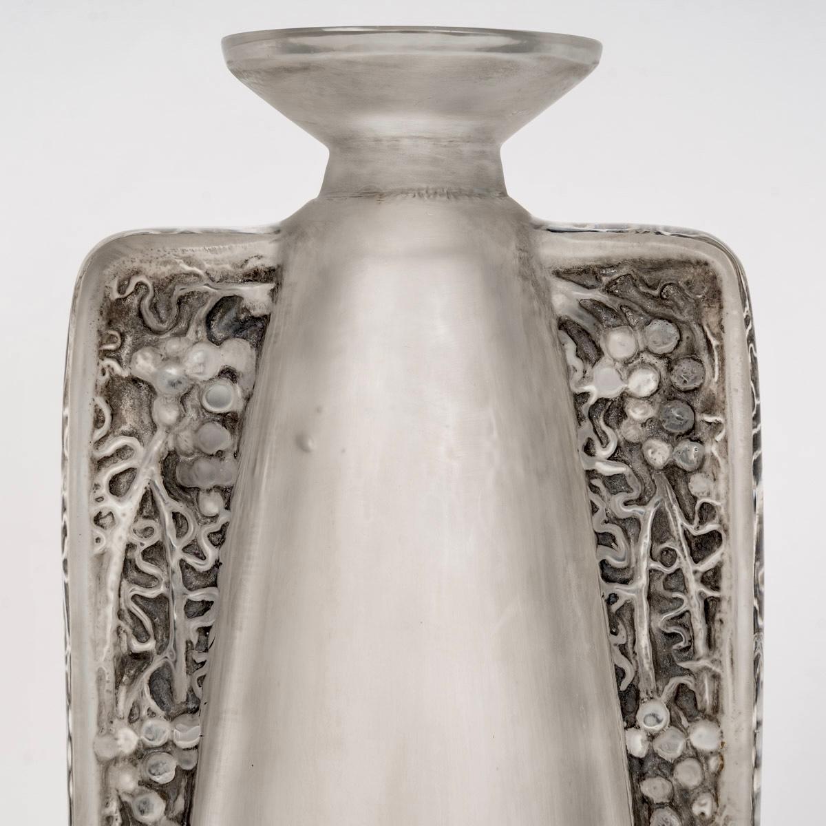 Molded 1911 Rene Lalique Vase Decanter Oreilles Gravees Frosted Glass with Grey Patina