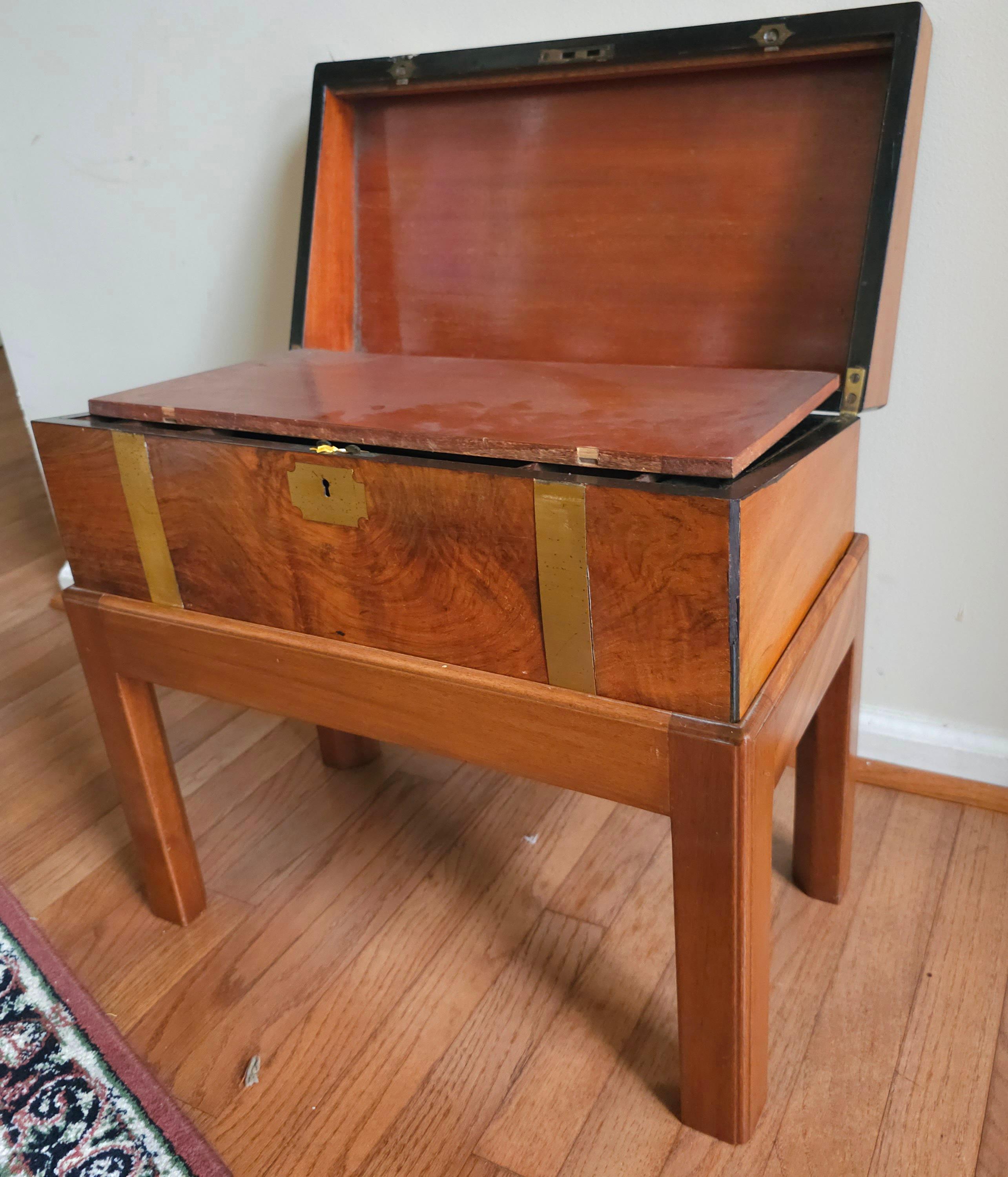 1911 Walnut Burl and Brass Inlays and Leather Inset Travel Desk on Stand For Sale 3