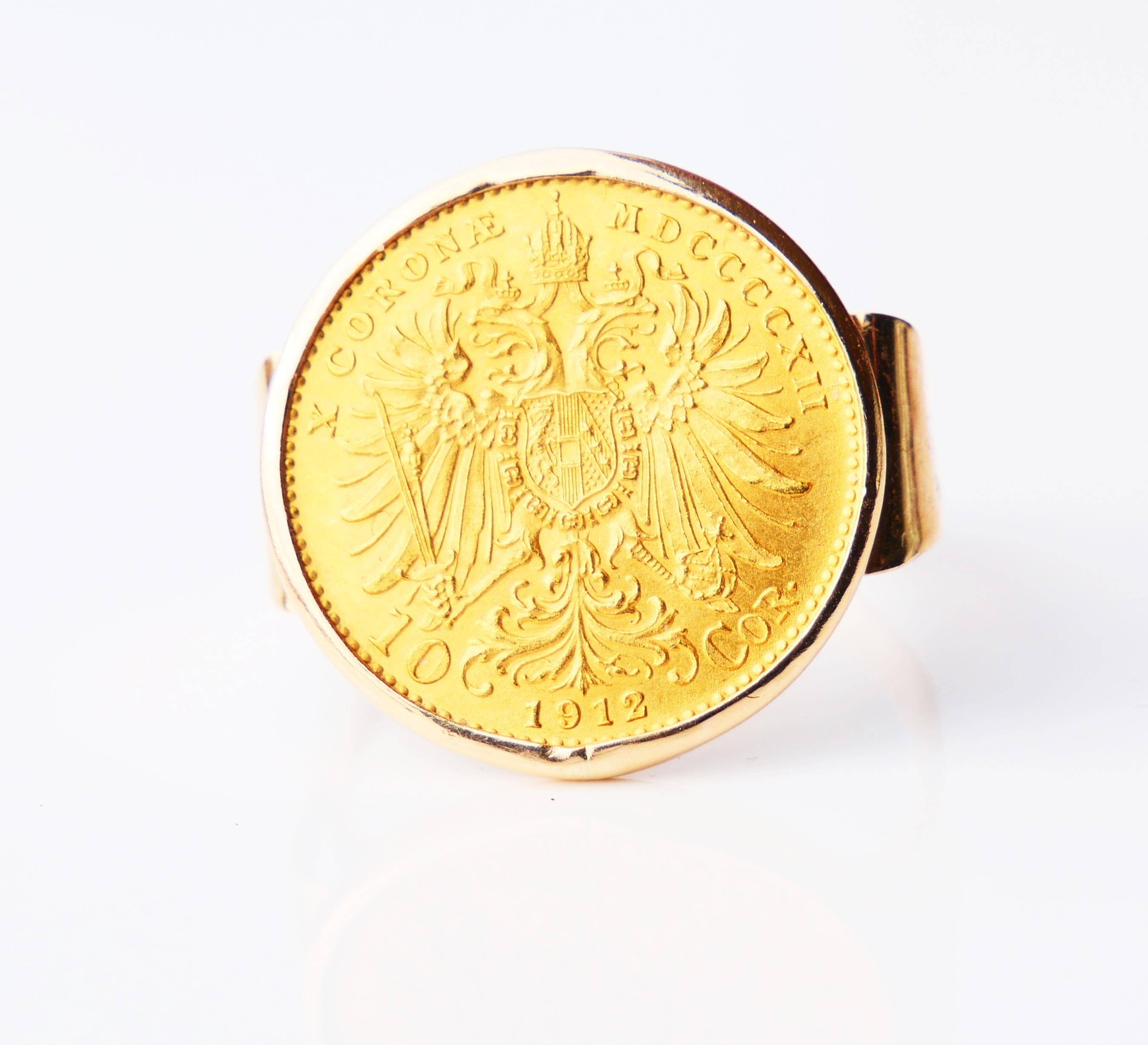 1912 Austrian Empire Unisex Coin Ring 10 Gold Cronæ 23K/14K Gold Ø8.75US/5.8gr For Sale 3