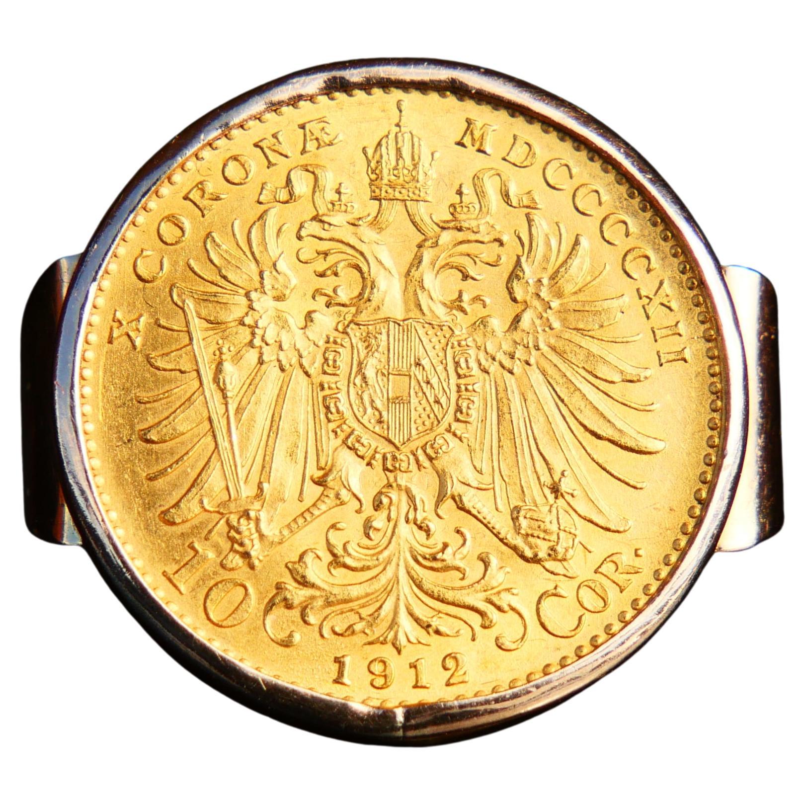 1912 Austrian Empire Unisex Coin Ring 10 Gold Cronæ 23K/14K Gold Ø8.75US/5.8gr
