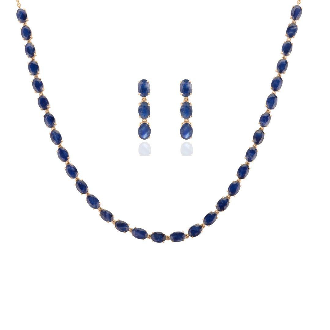 14k Gelbgold 19,12 Karat natürlicher blauer Saphir Ohrringe und Halskette Schmuck-Set im Angebot 4