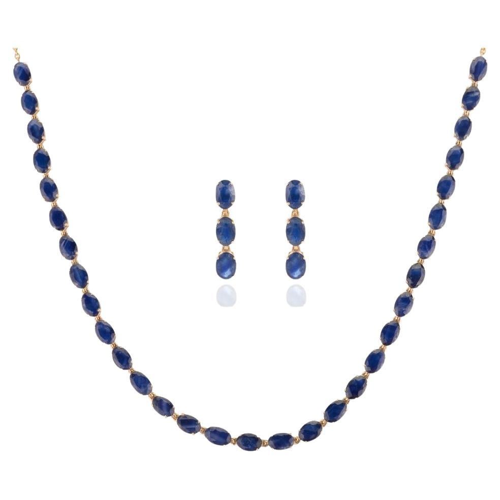 14k Gelbgold 19,12 Karat natürlicher blauer Saphir Ohrringe und Halskette Schmuck-Set im Angebot