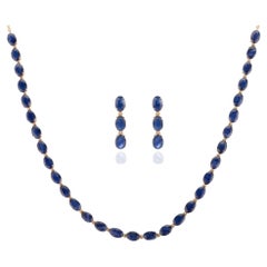 14k Gelbgold 19,12 Karat natürlicher blauer Saphir Ohrringe und Halskette Schmuck-Set