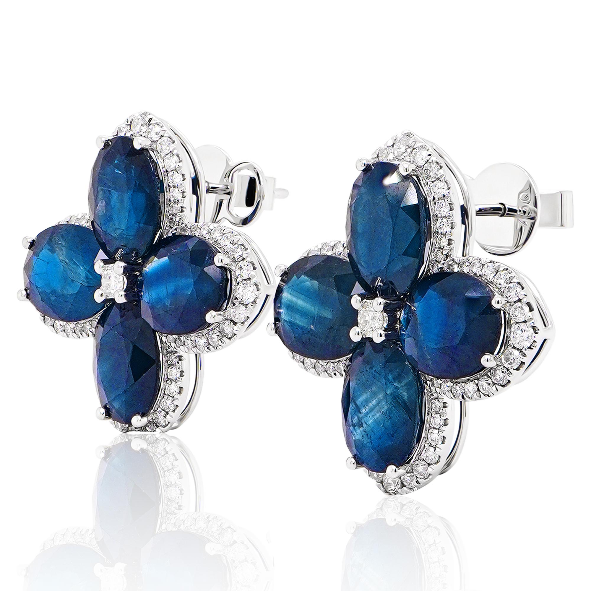 Oval Cut 19.12 Carat Royal Blue Sapphire & 0.87 Carat Diamond Classical Earring 18K For Sale
