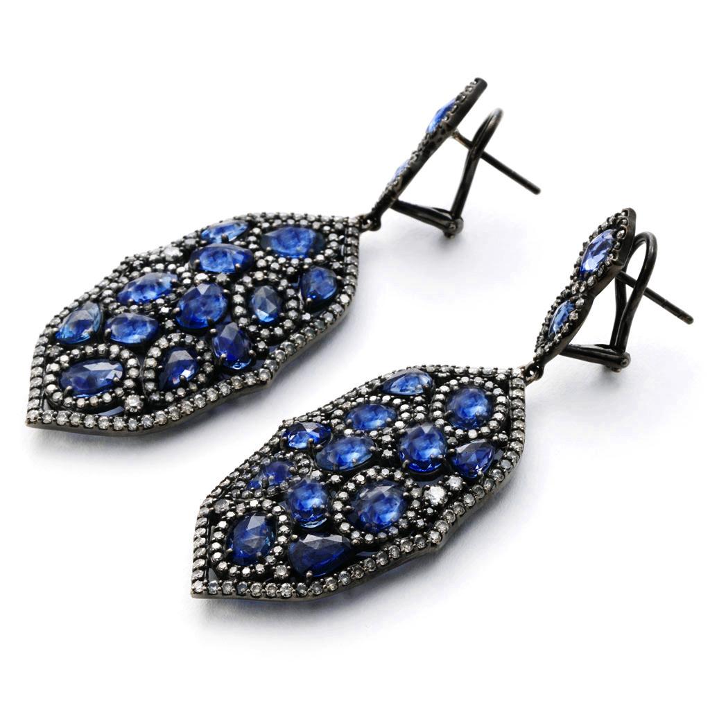 Art Deco 19.12 Cttw Vintage Style Sapphire and Diamond Drop Dangle Earrings in 18K Gold
