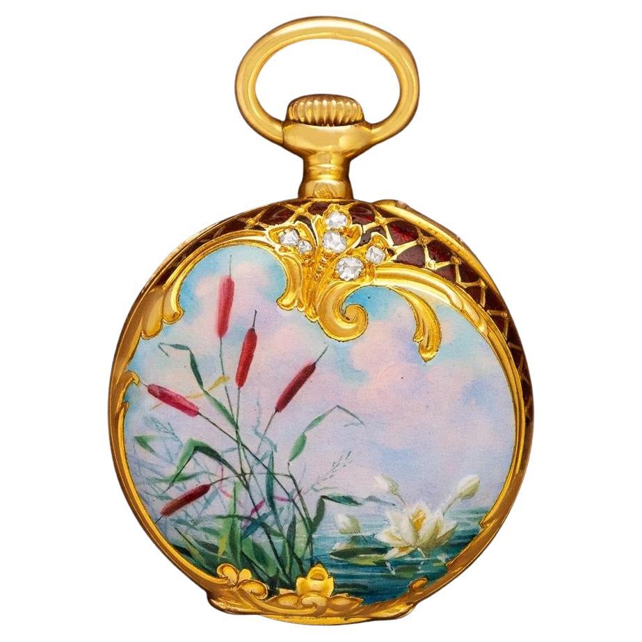 1912 Patek Philippe Vintage Ladies Miniature Pendant 18K Gold, Enamel 
Diamond For Sale