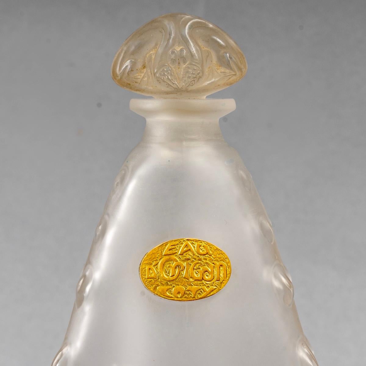 French 1912 René Lalique, 3 Perfume Bottle l'Origan Frosted Glass For Coty For Sale
