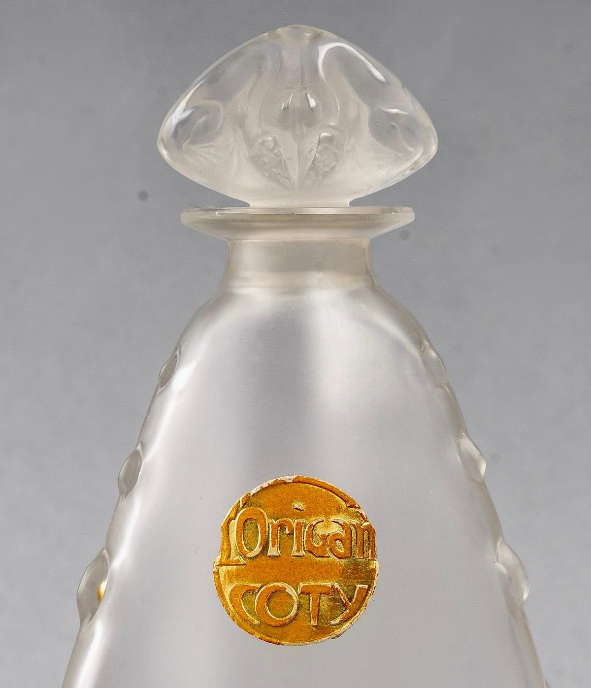 1912 René Lalique, 3 Perfume Bottle l'Origan Frosted Glass For Coty In Good Condition For Sale In Boulogne Billancourt, FR
