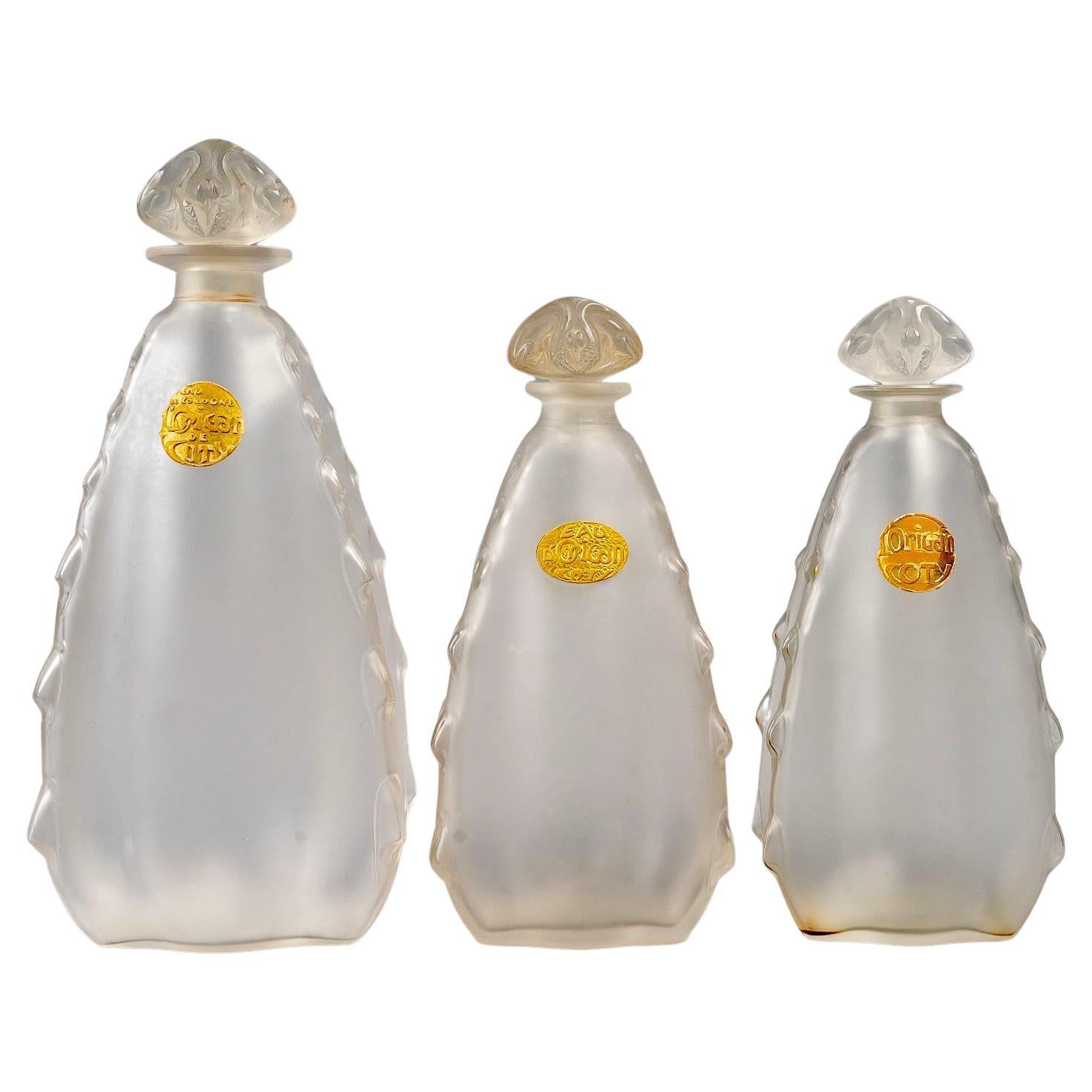 1912 René Lalique, 3 Perfume Bottle l'Origan Frosted Glass For Coty For Sale