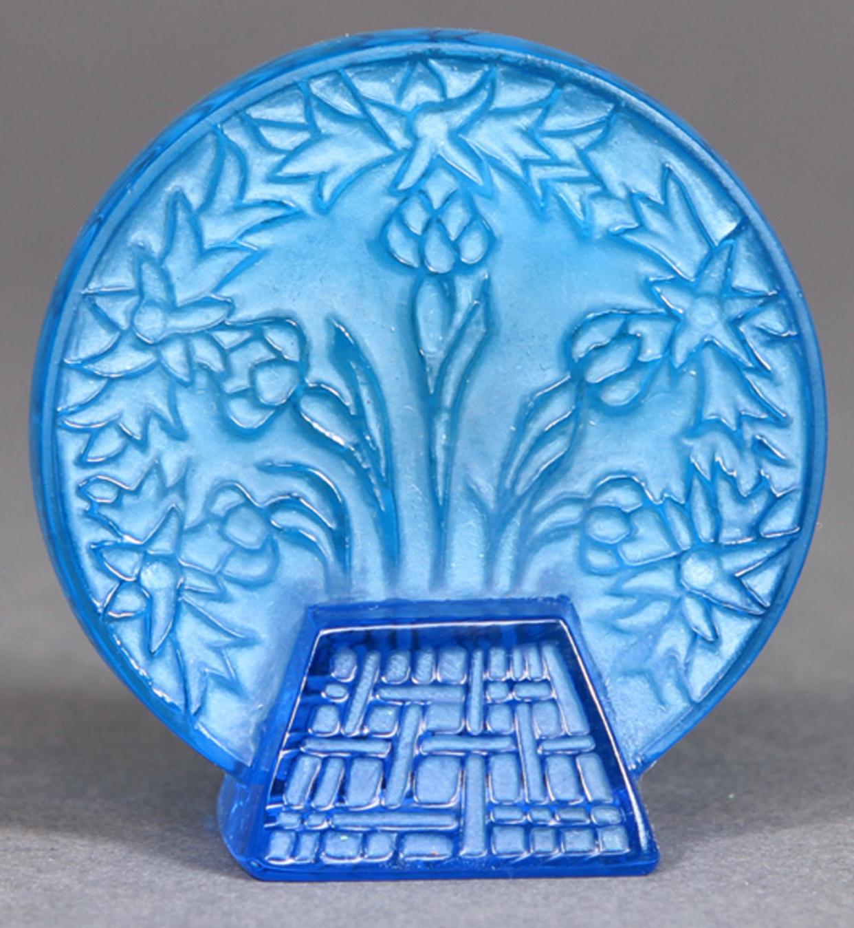 French 1912 René Lalique Bluets Seal Electric Blue Glass with White Patina, Flowers