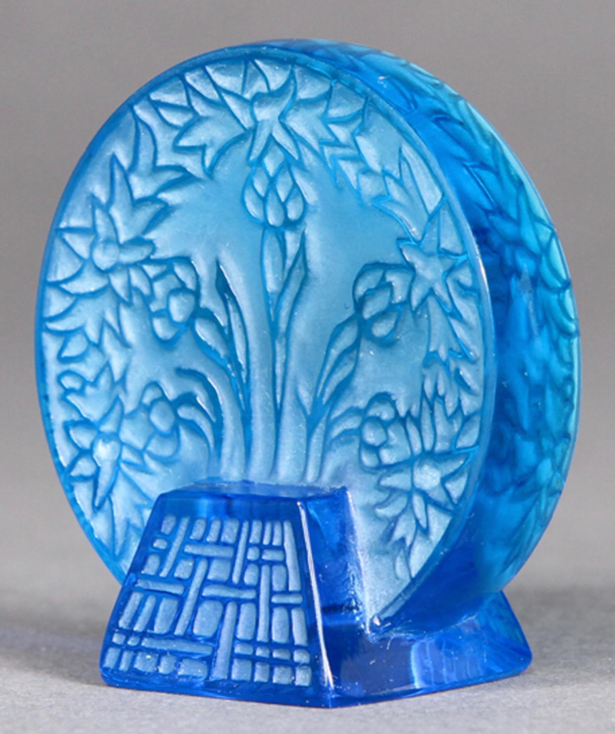 Molded 1912 René Lalique Bluets Seal Electric Blue Glass with White Patina, Flowers
