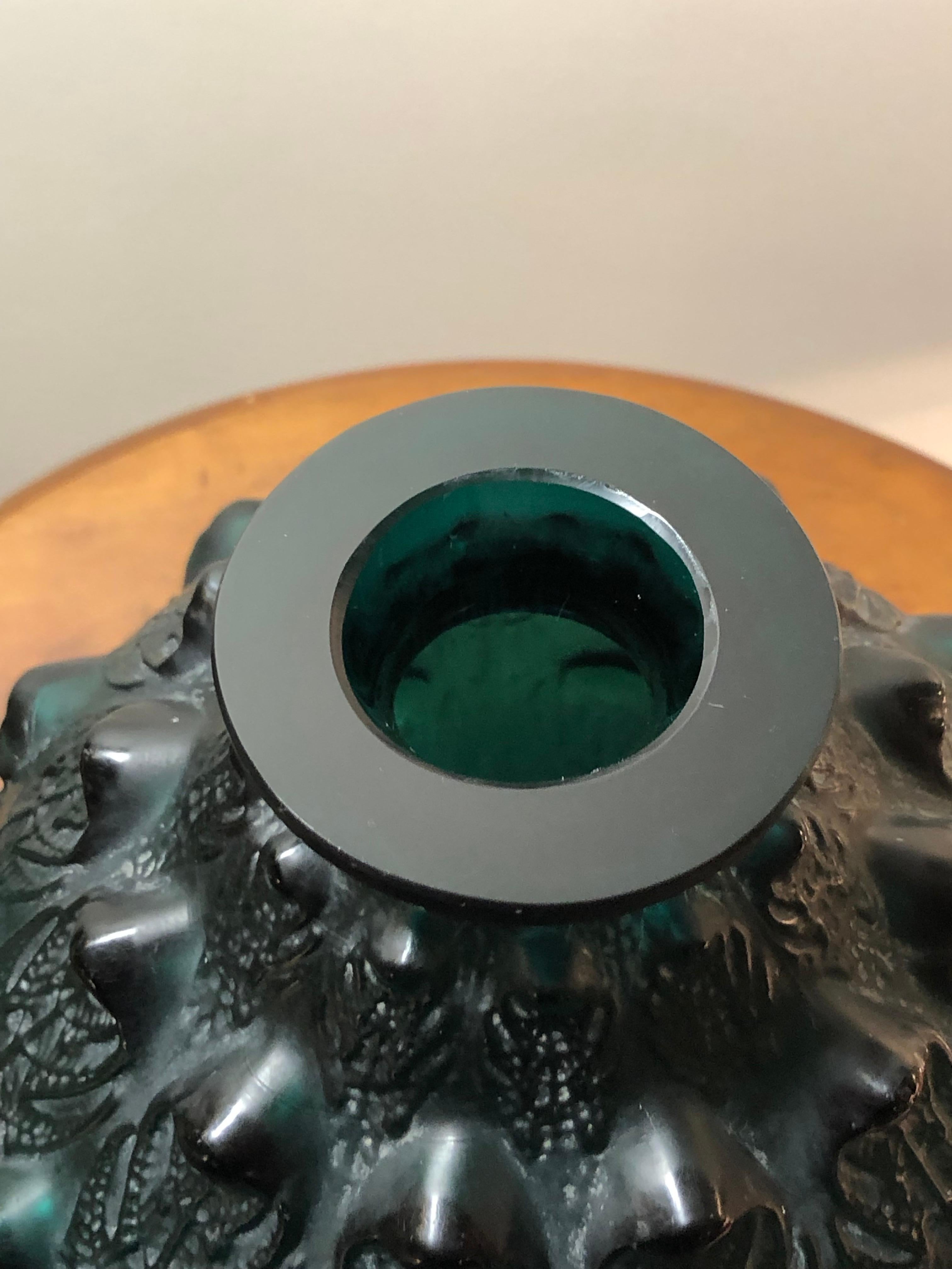 French 1912 René Lalique Fougeres Vase in Dark Duck Green Glass