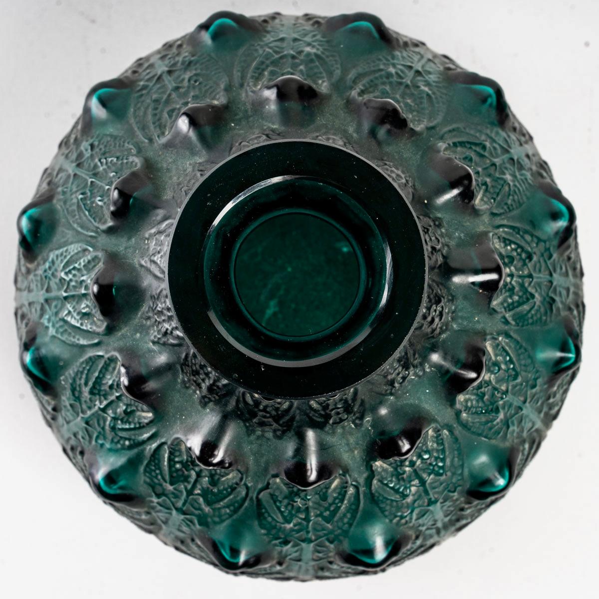 French 1912 René Lalique Fougeres Vase in Dark Duck Green Glass