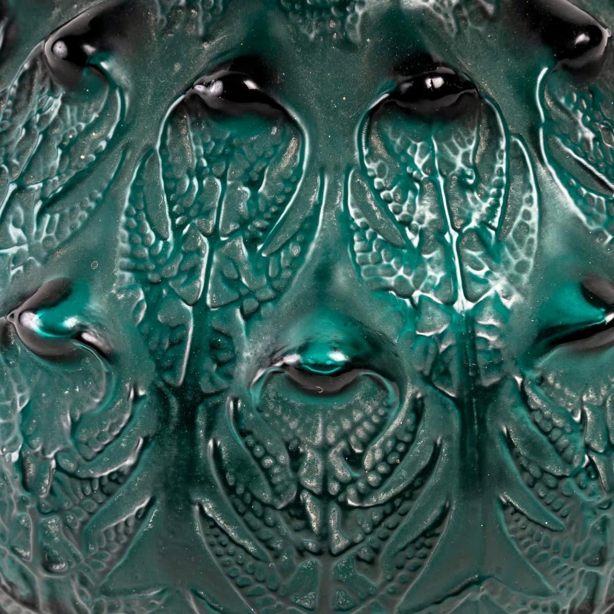Molded 1912 René Lalique Fougeres Vase in Dark Duck Green Glass