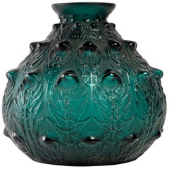 1912 René Lalique Fougeres Vase in Dark Duck Green Glass