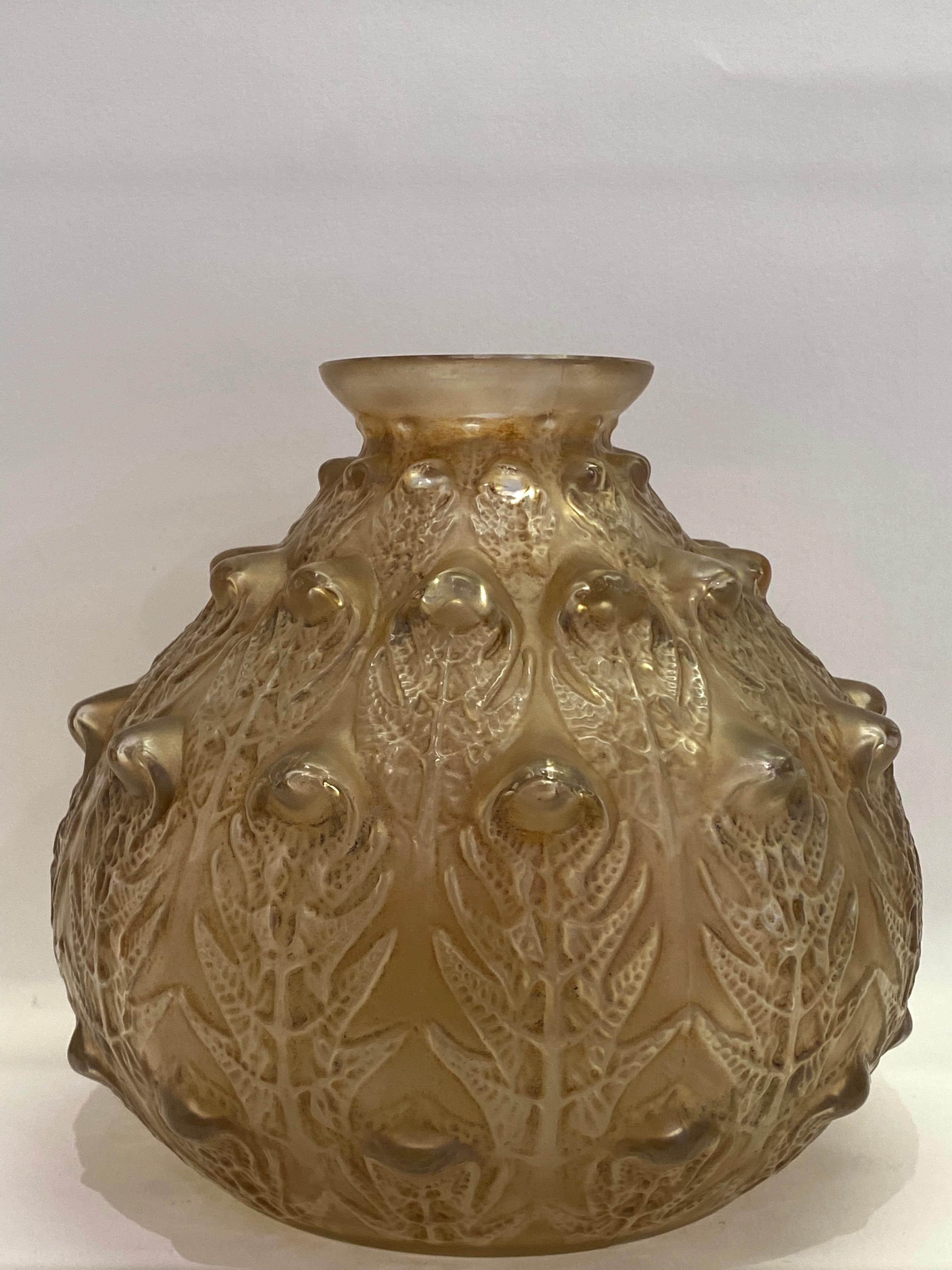 Molded 1912 René Lalique Fougeres Vase in Frosted Glass with Sepia Patina, Ferns