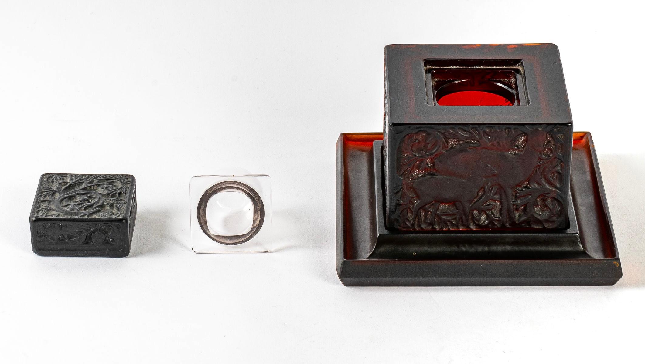 Molded 1912 René Lalique Inkwell Biches Deep Red Amber Glass