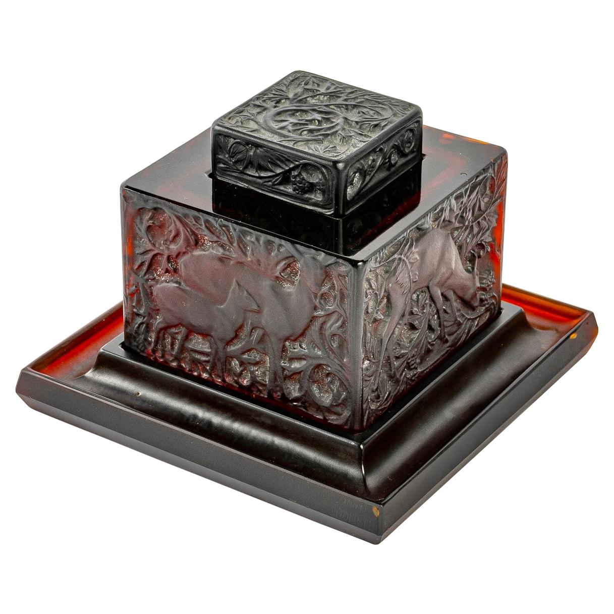 1912 René Lalique Inkwell Biches Deep Red Amber Glass