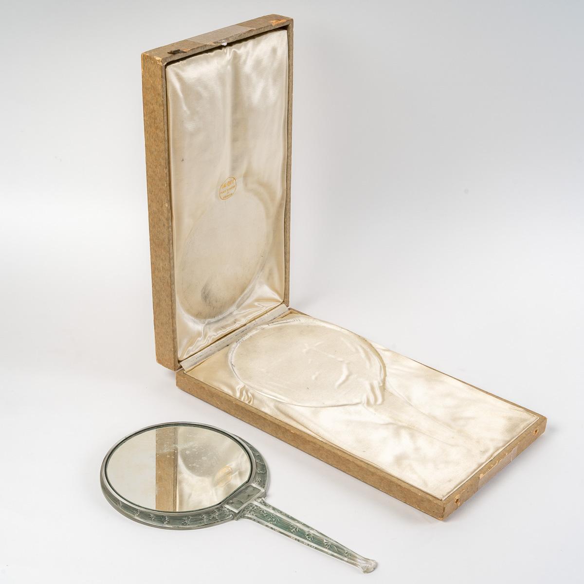 French 1912 René Lalique, Mirror Narcisse Clear Glass with Blue Green Patina + Box For Sale