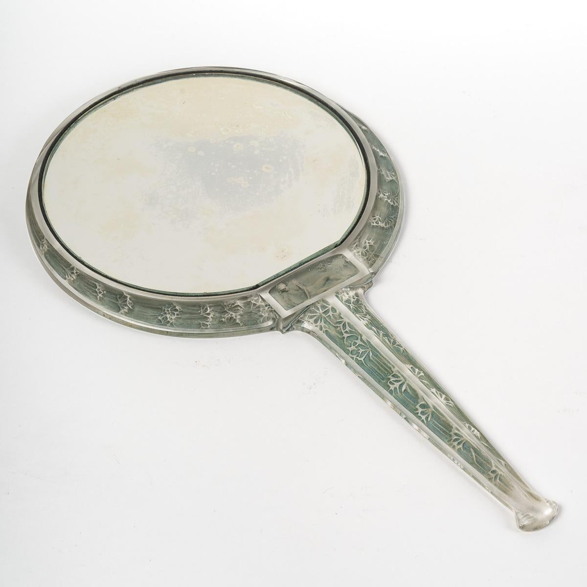 Blown Glass 1912 René Lalique, Mirror Narcisse Clear Glass with Blue Green Patina + Box For Sale