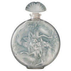 Antique 1912 René Lalique Perfume Bottle Rosace Figurines Frosted Glass Blue Patina