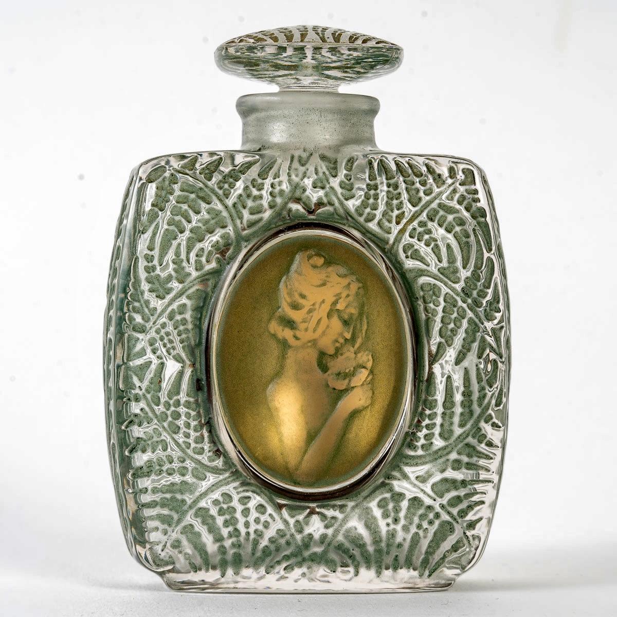 French 1912 René Lalique Perfume Bottle Fougeres Frosted Glass Green Patina