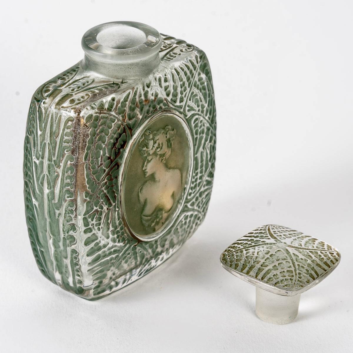 Early 20th Century 1912 René Lalique Perfume Bottle Fougeres Frosted Glass Green Patina