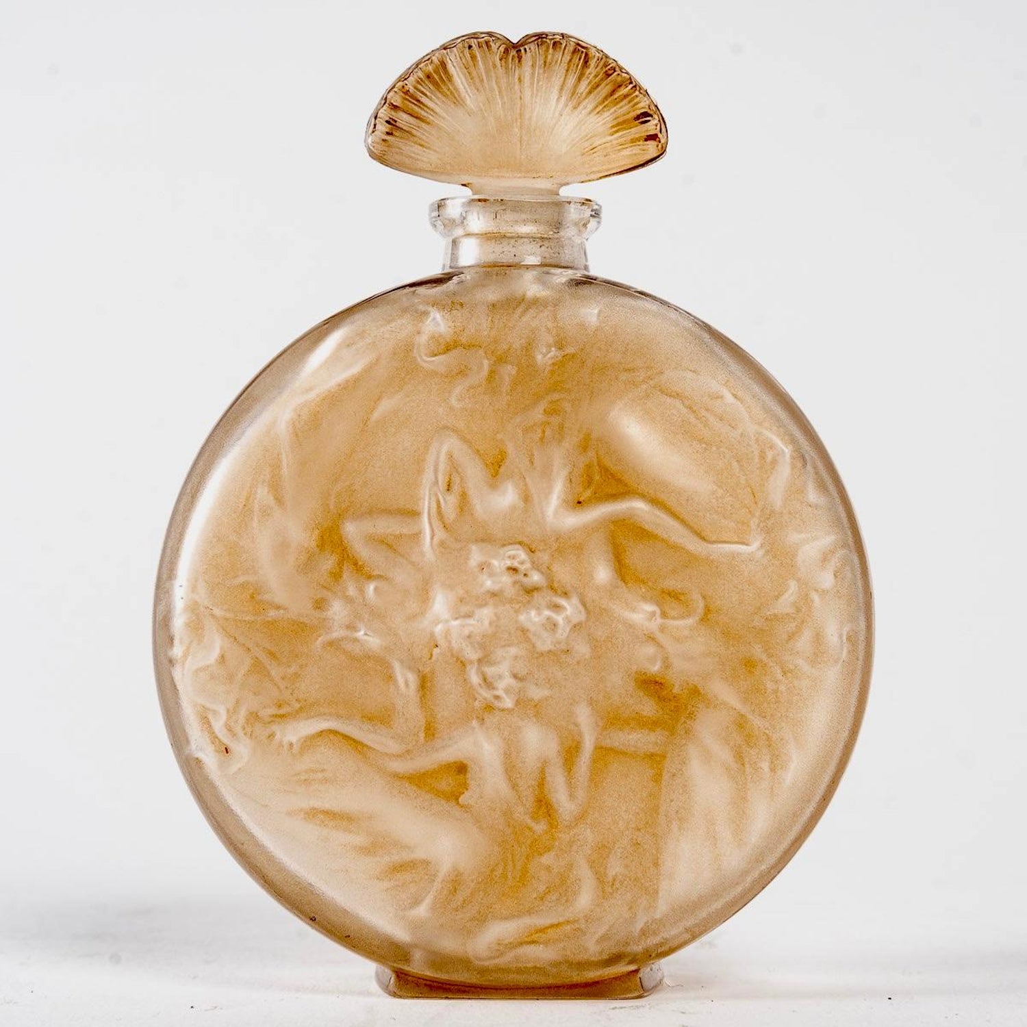 1912 René Lalique Perfume Bottle Rosace Figurines Frosted Glass Sepia  Patina For Sale at 1stDibs