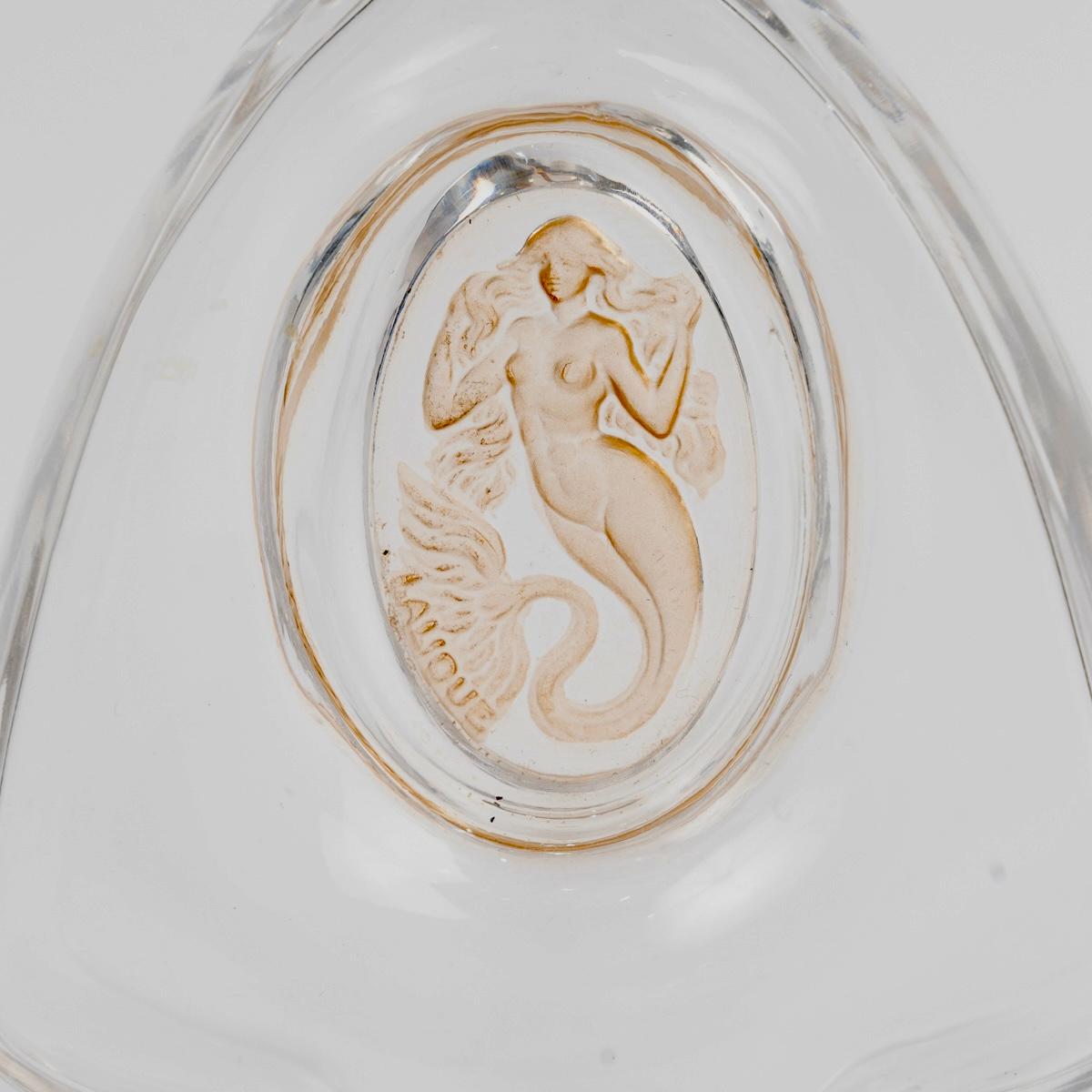 French 1912 Rene Lalique Perfume Bottle Sirene Mermaid Glass Sepia Patina for Burmann For Sale
