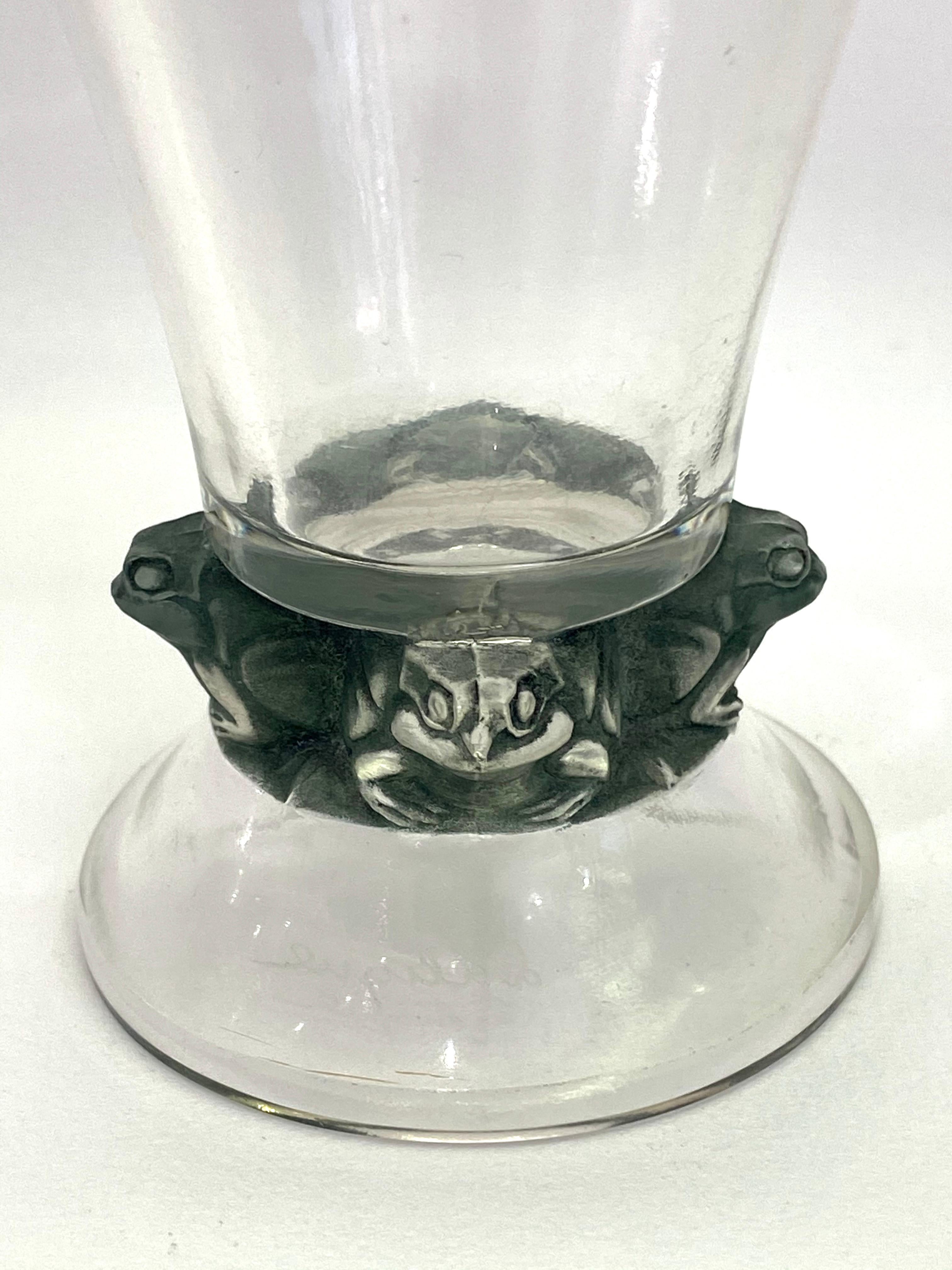 Art Deco 1912 René Lalique Quatre Grenouilles Drinking Glass with Patina, Four Frogs