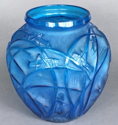 1912 René Lalique Sauterelles Electric Blue Vase Glass White Patina Grasshoppers